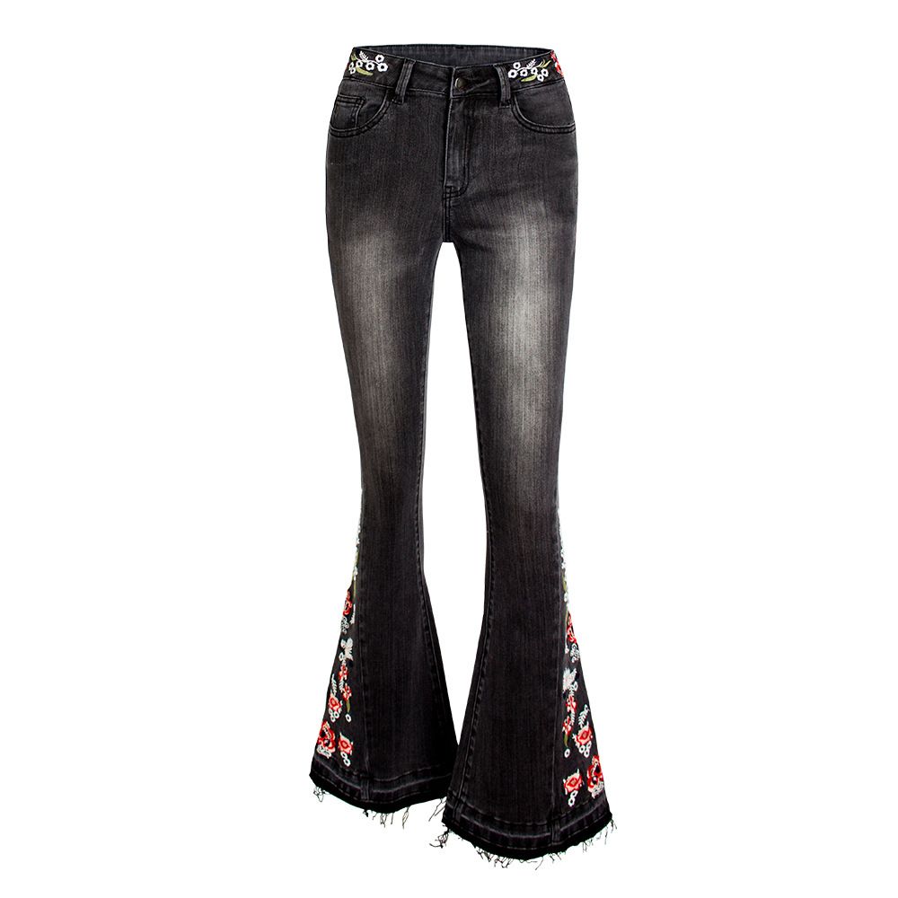 Women's Clothing Elastic Heavy Industry Embroidered Flower Flared Pants Black Jeans Trousers For Women_mkmklike.com