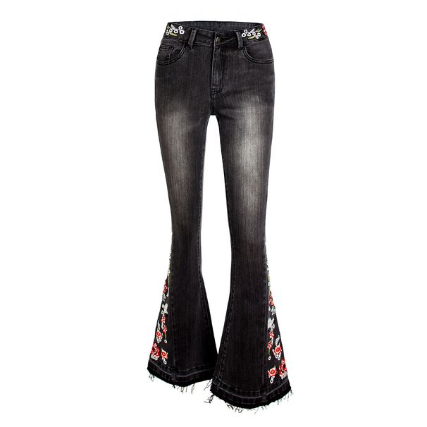 Women's Clothing Elastic Heavy Industry Embroidered Flower Flared Pants Black Jeans Trousers For Women_mkmklike.com