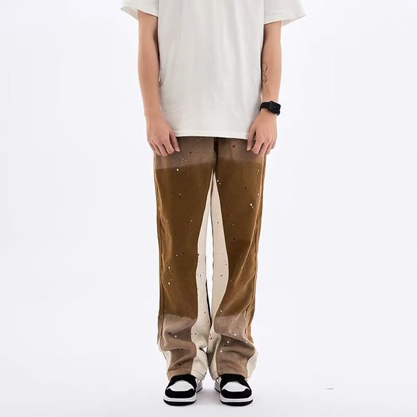 Men's High Street Style Heavy Washing Old Ink Splash Color Deconstruction Bell Bottom Pants Sub-Trend Personality Niche Stacked Jeans_mkmklike.com