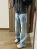 Washed Blue Straight Jeans For Men, Spring And Autumn American High Street Vibe , Clean Fit Curved Hem Flared Long_mkmklike.com