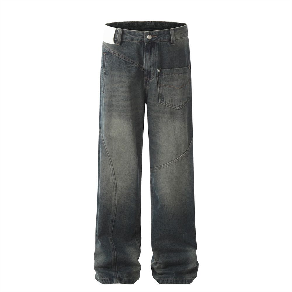 Washed Gradient Denim Cargo Men's Trendy Irregular Deconstructed Patchwork Design Sense Personality Loose Straight Long_mkmklike.com