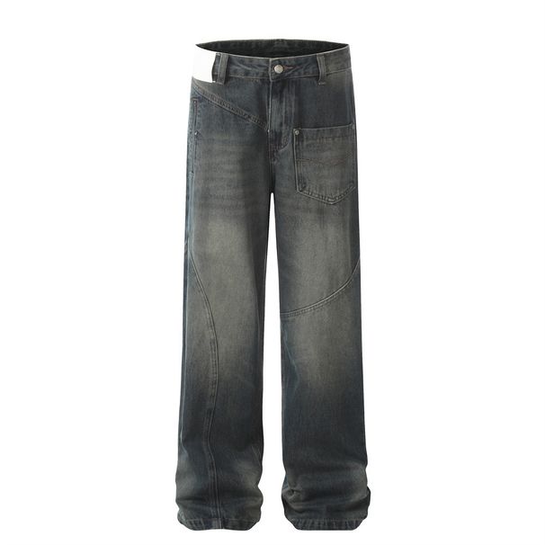 Washed Gradient Denim Cargo Men's Trendy Irregular Deconstructed Patchwork Design Sense Personality Loose Straight Long_mkmklike.com
