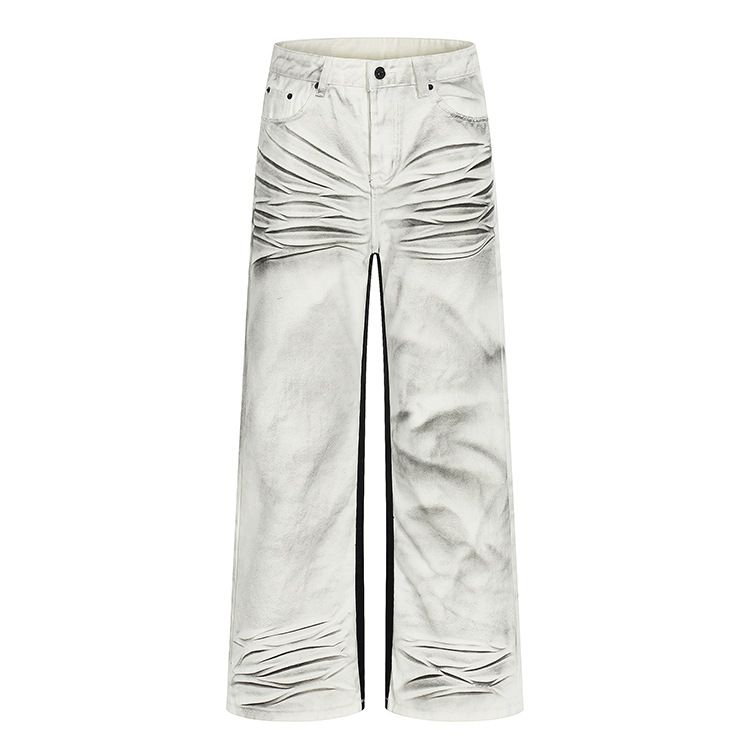 Vintage Distressed Denim Jeans – Streetwear Washed & Faded Straight-Leg Pants With Cat Whiskers (White, S-3xl)_mkmklike.com