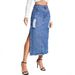 Women's High-Slit Distressed Denim Skirt With Asymmetrical Hem & Stud Details - Vintage Blue Boho Chic Long Wrap Skirt For Street Style_mkmklike.com