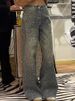 Vintage Distressed Denim Jeans - Rhinestone Embellished Wide-Leg Pants With Raw Hem For Women_mkmklike.com
