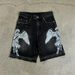 Retro Harajuku Loose Fit Printed Denim Shorts Casual Street Style Washed Capri Pants for Men Summer Fashion_mkmklike.com