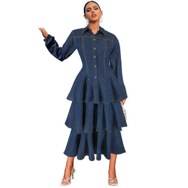 Women’s Denim Tiered Dress – Long Sleeve Lapel Collar Maxi Dress (Dark Blue, S-2XL)_mkmklike.com