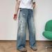 Men's Clothing Unisex Trendy Casual Straight Leg Denim Trousers Retro Graffiti Inkjet Versatile Simple Design_mkmklike.com