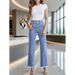 Comfortable Women's Light Blue Straight Leg Jeans Multiple Buttons Frayed Edges Cross Border Exclusive Factory Direct_mkmklike.com