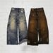 Men's Clothing New American High Street Straight Yellow Mud Dyed Jeans Loose Men And Women Retro Long Pants Trendy Boys Mud Colored Pants_mkmklike.com