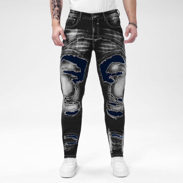 Four Season Wearable High Street Trendy Patchwork Design Jeans For Men, Elastic Slim Fit Small Leg Tight Pants, Ripped Patch Blue Pants_mkmklike.com