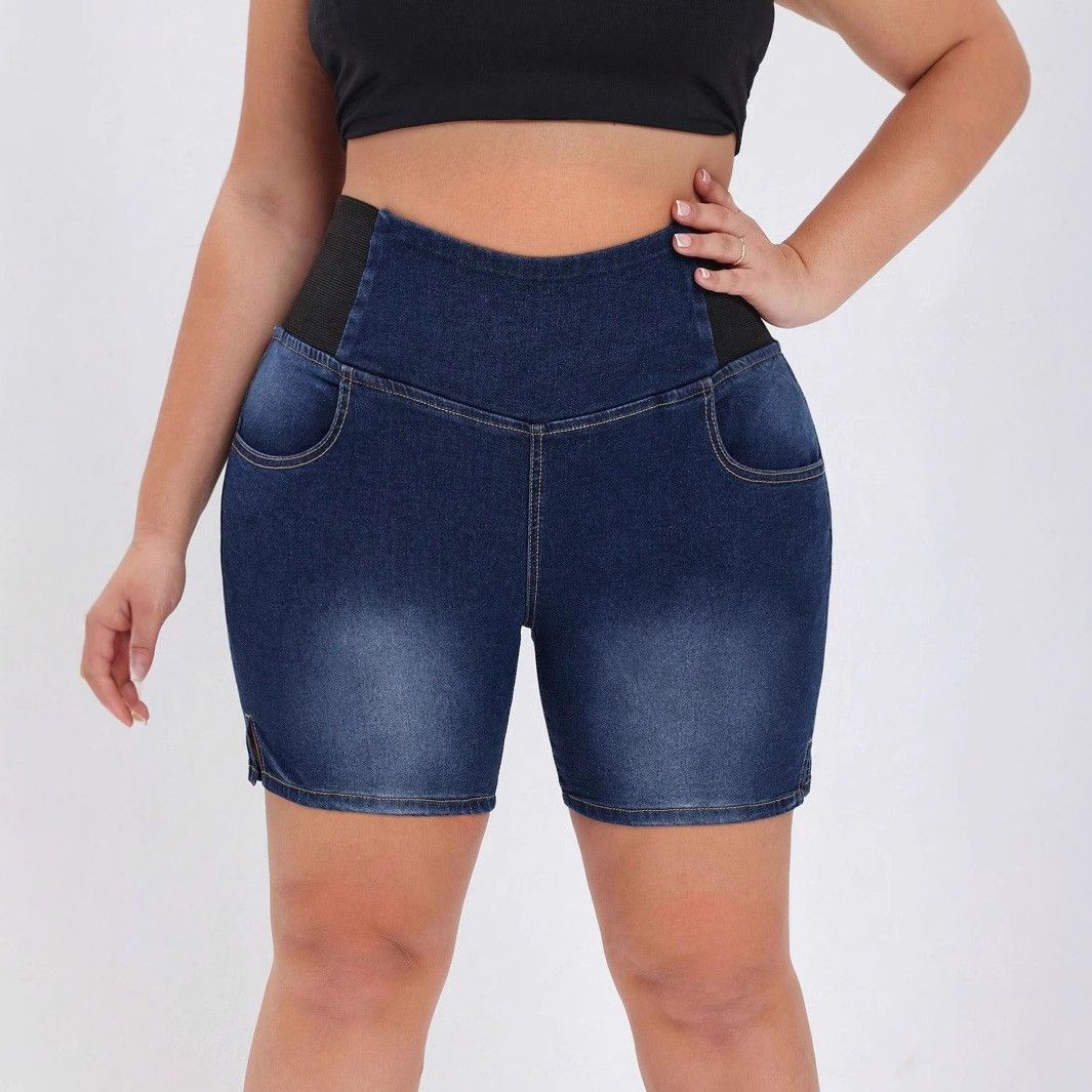 Women's Plus Size Stretch Denim Shorts With Elastic Waist - High-Rise Straight Leg Mid-Length Casual Capri Jeans For Work & Daily Wear_mkmklike.com