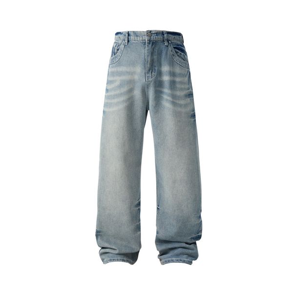 Men's Clothing Retro Washed Cat Whisker Straight Wide Leg Jeans Trendy Brand Men And Women Loose Casual Distressed Versatile Trousers Trend_mkmklike.com