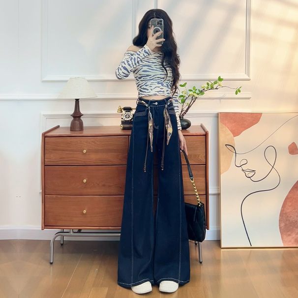 Women's Fleece-lined Flared Jeans 2025 New Model High-waisted Loose Elastic Wide-leg Denim Blue Straight Pants A8573_mkmklike.com