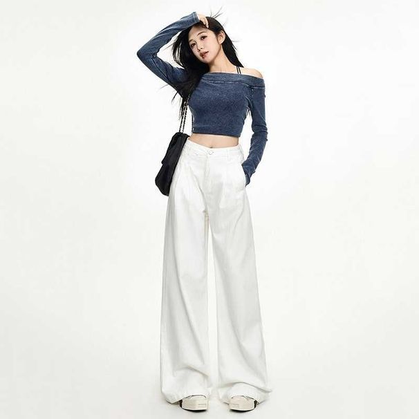 American Retro High-waisted Loose Wide-leg Pleated Drapey Straight Jeans For Women Wholesale_mkmklike.com
