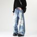 Suitable For All Seasons Straight-Leg Jeans Washed Light Blue Men's Casual Denim Pants_mkmklike.com