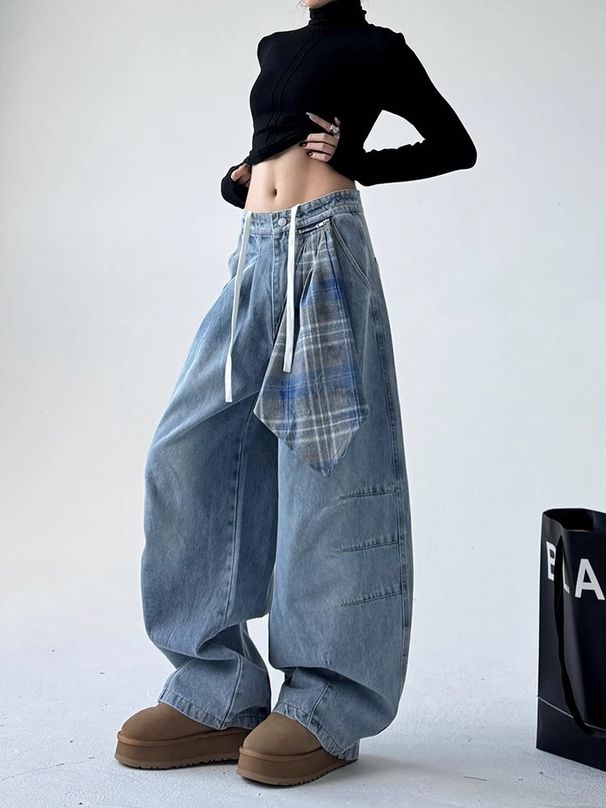 Men's Clothing Retro Zipper Design Square Towel Washed Jeans Women's Straight Loose Casual Sickle Wide Leg Pants_mkmklike.com