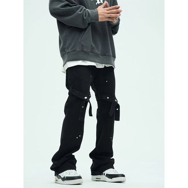 Nordmann High Vibe Black Lace-Up Jeans For Men American Street Style Loose Wide-Leg Trendy Brand Casual Long Pants_mkmklike.com