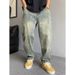 Men's Vintage Washed Denim Jeans Relaxed Straight Fit Midweight Cotton With Splatter Effect Blue M-3XL_mkmklike.com
