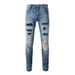 Men's Distressed Patchwork Slim Fit Jeans | High Street Fashion | Stretch Denim | Washed Blue | Streetwear Pants_mkmklike.com