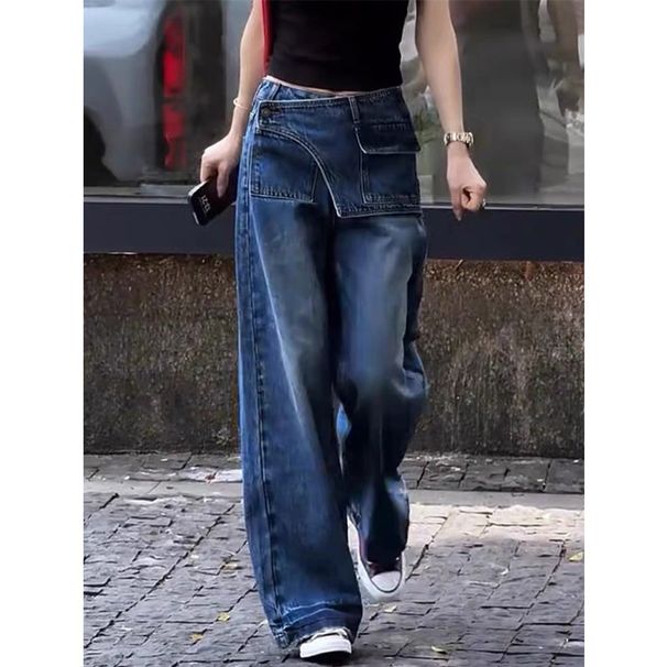 plus Size High-Waisted Slimming Denim Jeans Retro Style 2025 Autumn New Fashion Casual Wide Leg Long Pants for Women_mkmklike.com