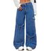 Jeans Women Denim Straight Wide Leg Pants 2025 Streetwear Button Pockets Mom Mid Waist Lace Up Bow Washed Distressed Trousers_mkmklike.com