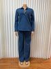 K New Women's Denim Suit With Long Sleeves, Collar And Pockets On The Top; Belted Straight-leg Trousers In Two Pieces._mkmklike.com