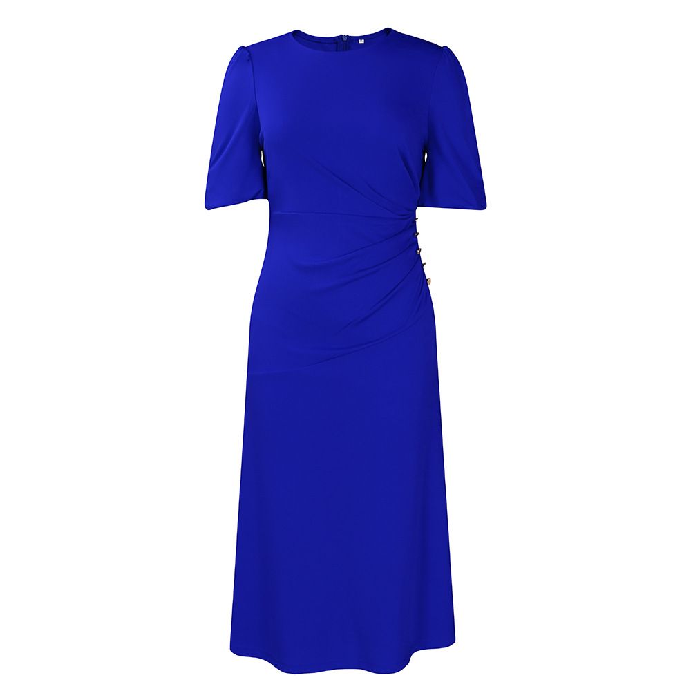 Women's Clothing solid color round neck puff sleeves slim waist large size dress_mkmklike.com