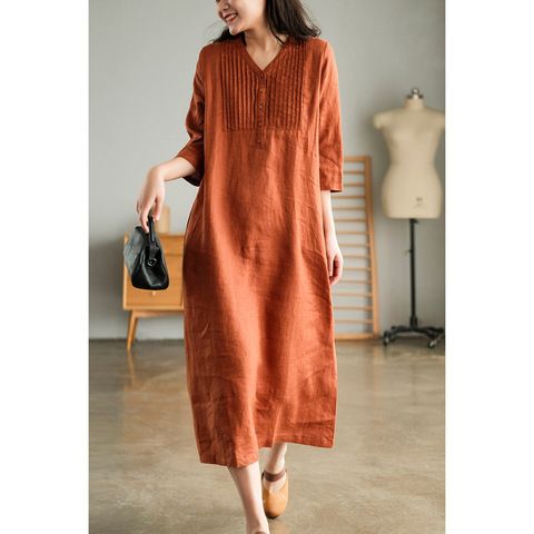 New Artistic Linen Five point Sleeve Western Style Age reducing Fashion V neck Thin Knee length Dress_mkmklike.com