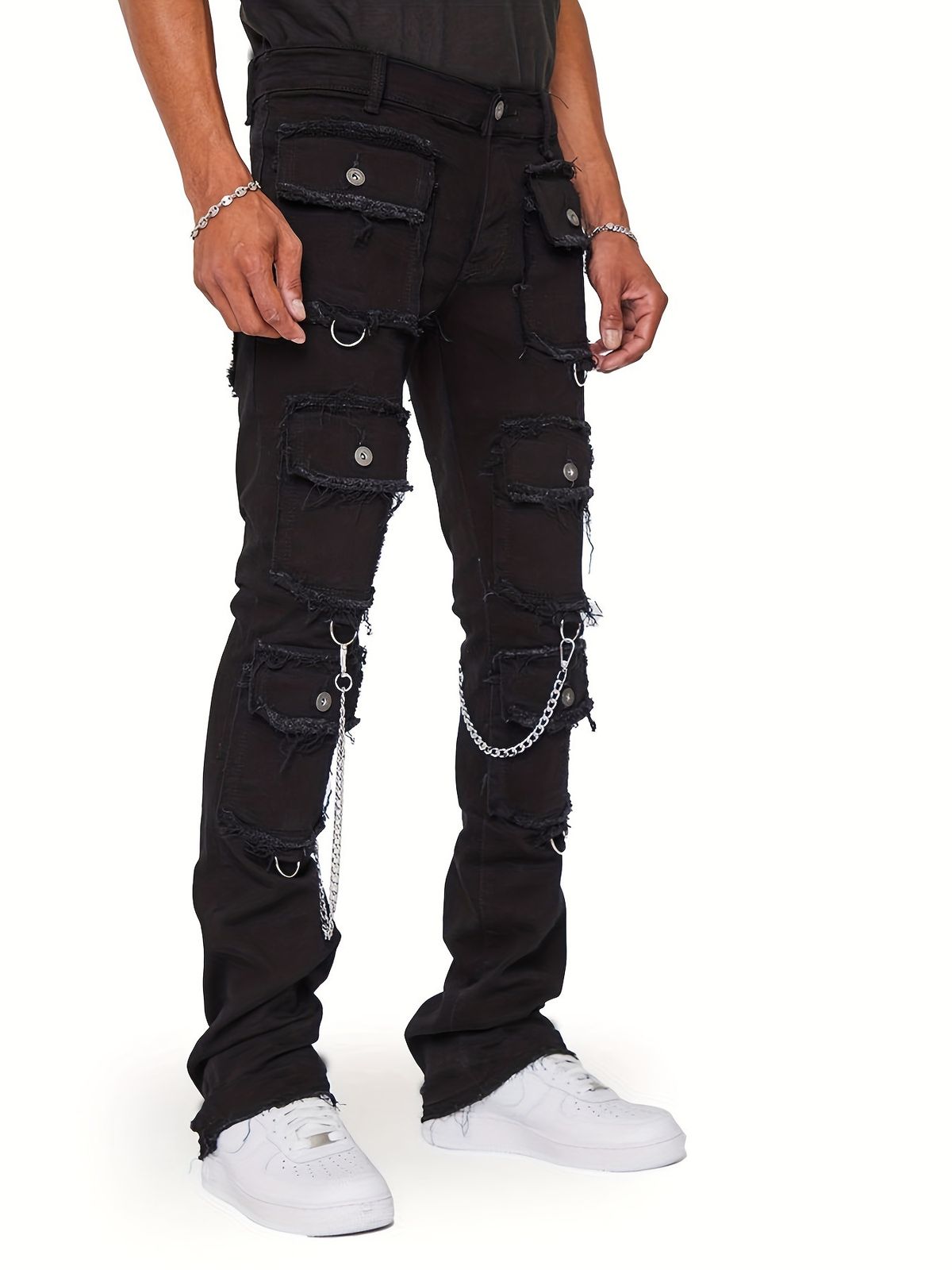 Men Jeans Straight Pants Mid Waist Denim Patchwork Zipper Fly Cargo Pockets Solid Ankle Length Slight Strech High Street_mkmklike.com