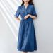 Cotton Cocoon Summer New Product Temperament Drawstring Waist Slimming V-Neck Sunscreen Tencel Denim Dress For Women's_mkmklike.com