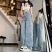 Women's Jeans With Pentagram Patches, New Spring/summer Style, Embroidered, Mid-waist, Loose Wide-leg, Long Straight_mkmklike.com
