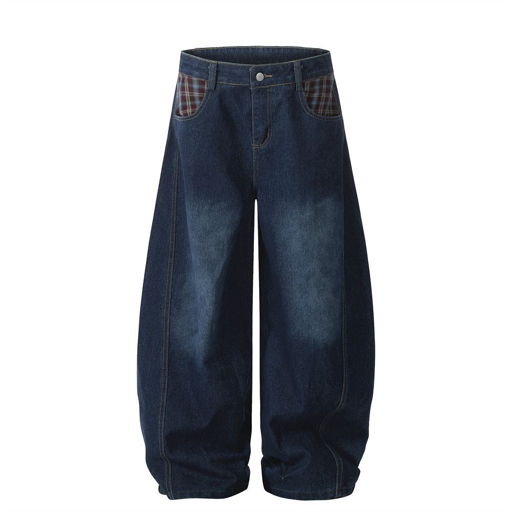 Heavy Industry Plaid Patchwork Scimitar Jeans Men's Unique Design Wide-Leg Street Fashion Washed Loose Long Pants_mkmklike.com