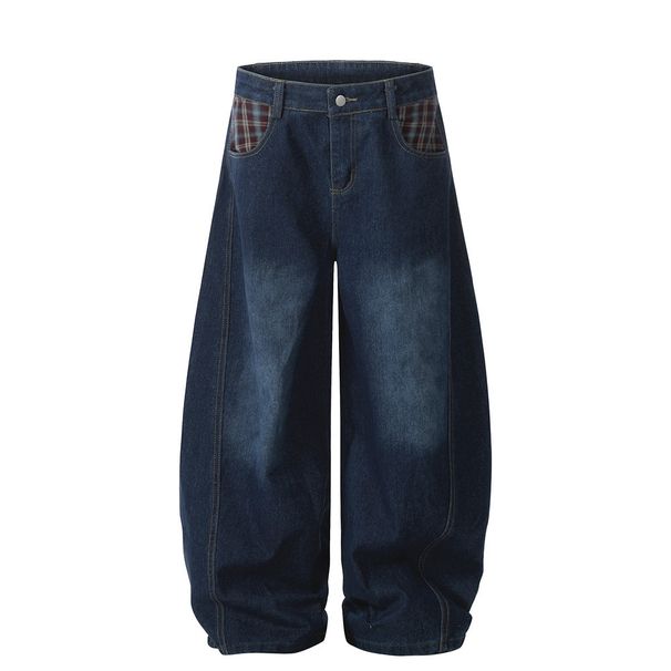 Heavy Industry Plaid Patchwork Scimitar Jeans Men's Unique Design Wide-Leg Street Fashion Washed Loose Long Pants_mkmklike.com