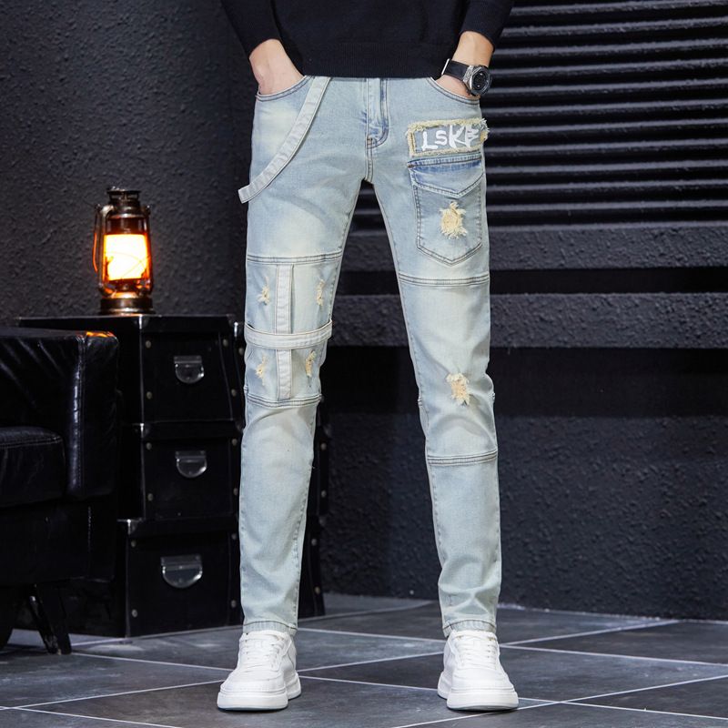 Men's Stretch Slim Fit Denim Jeans With Patchwork & Ripped Details For Casual Streetwear_mkmklike.com