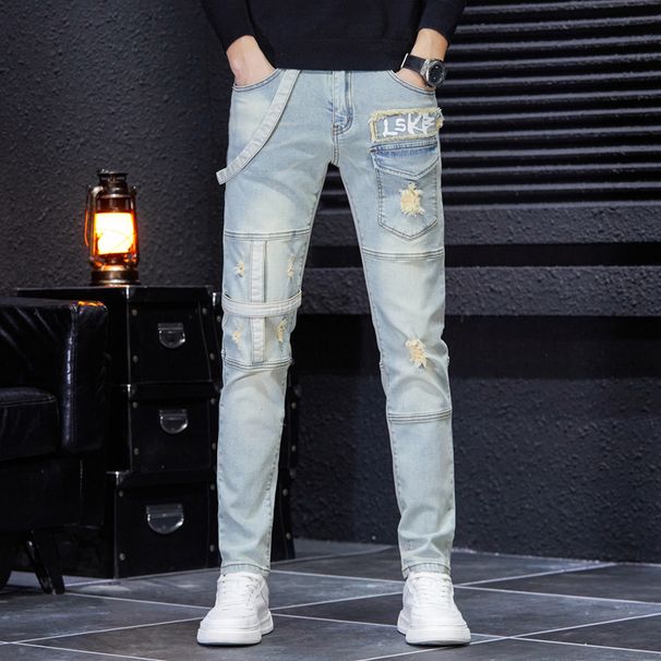 Men's Stretch Slim Fit Denim Jeans With Patchwork & Ripped Details For Casual Streetwear_mkmklike.com