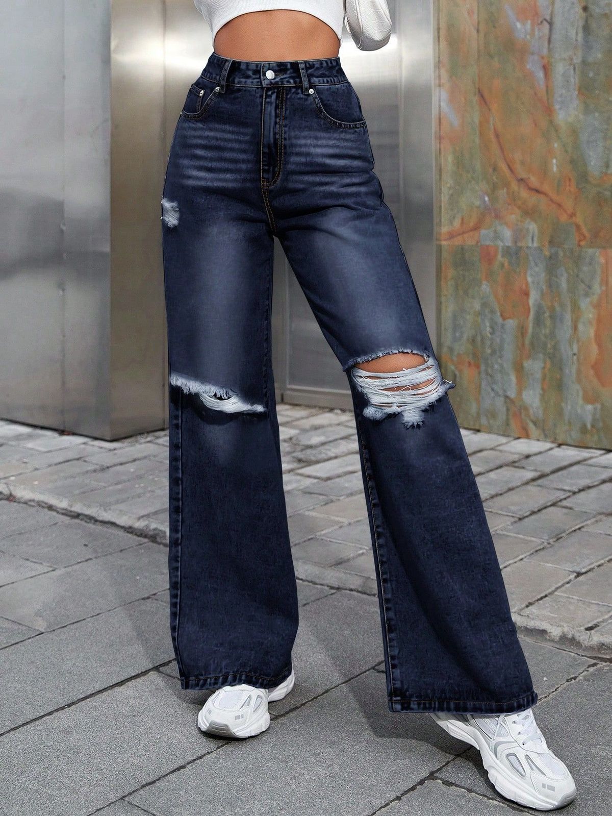 Women's Clothing INS Fashion Ripped High Waist Wide Leg Pants Casual Denim Trousers Trendy_mkmklike.com