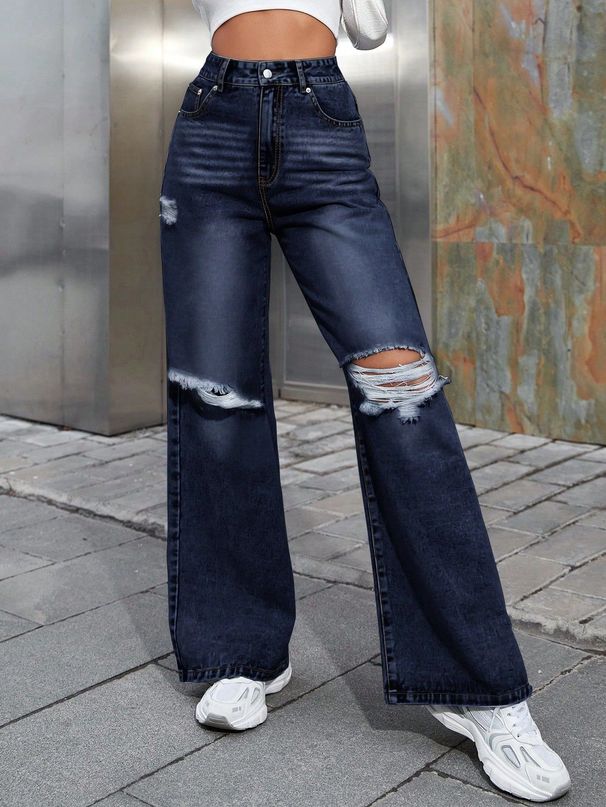 Women's Clothing INS Fashion Ripped High Waist Wide Leg Pants Casual Denim Trousers Trendy_mkmklike.com