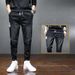 Men's Korean Style Oversized Cargo Jeans | Acetate Stretch Tapered Ankle Pants | Streetwear Workwear (Grey/Black/Light Blue)_mkmklike.com