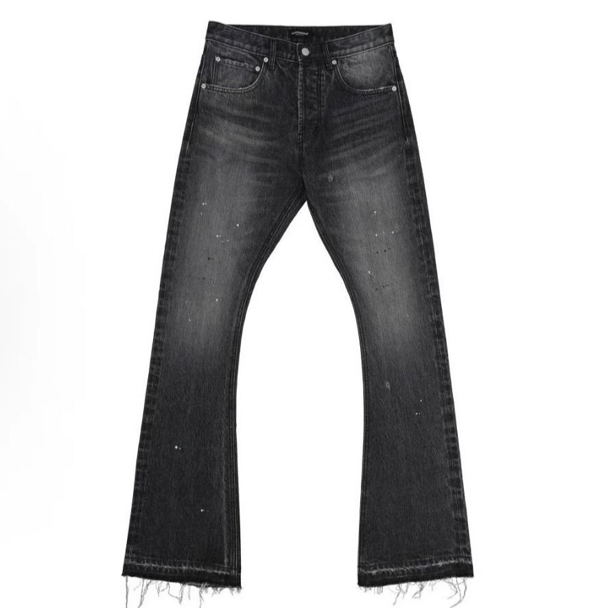 Vintage Cat Whisker Distressed Splash Paint Handmade Bootcut Jeans For Men, Slim Fit Stacked Denim Pants, Retro Washed Blue Black_mkmklike.com