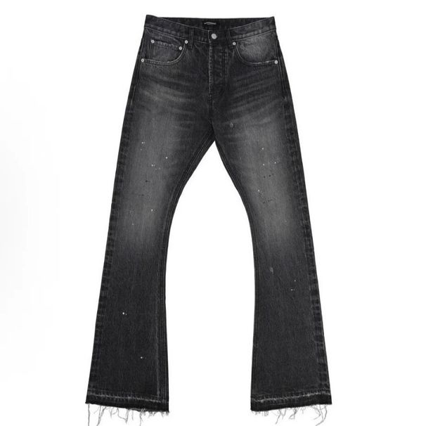 Vintage Cat Whisker Distressed Splash Paint Handmade Bootcut Jeans For Men, Slim Fit Stacked Denim Pants, Retro Washed Blue Black_mkmklike.com