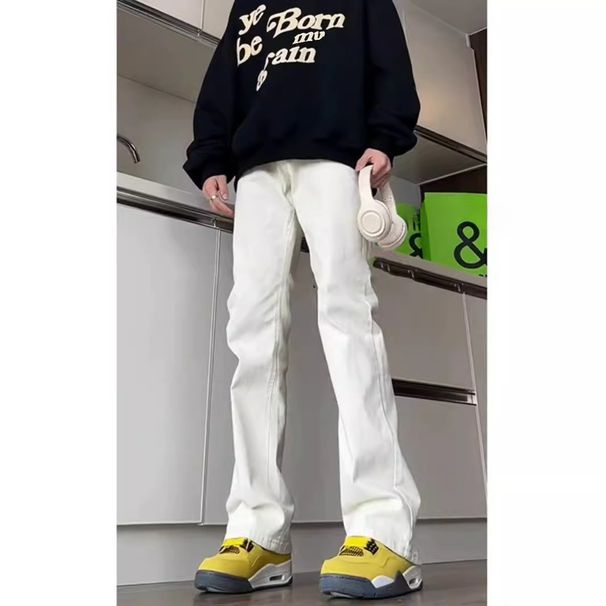 White Jeans Men's Belt Ruffian Handsome High-end Pants American High Street Wear Micro-pull Pants_mkmklike.com