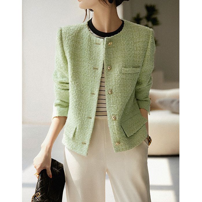 Women's Clothing Wool tweed autumn short candy green tops _mkmklike.com