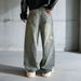 Men's Clothing Trendy Men's Loose Fitting Straight Leg Jeans Graffiti Details Blue Washed Faux Ripped American Style_mkmklike.com