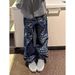 Streetwear Letter Print Jeans – Oversized Straight-Leg Denim Pants For Men (S-3XL, Vintage Dark Wash & Full-Length Typography)_mkmklike.com