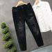 Men's Trendy Black Washed Distressed Jeans Loose Fit Straight Leg Casual Denim Pants with Rhinestone Embellishments_mkmklike.com