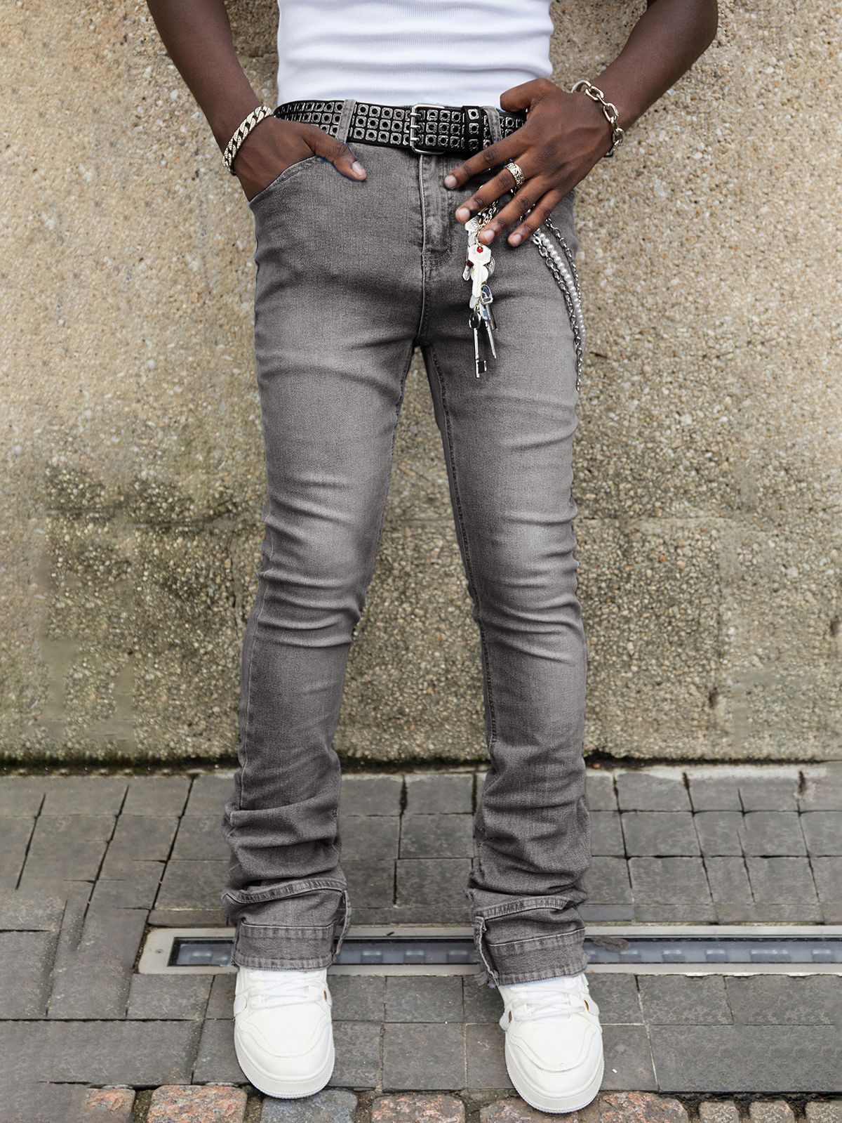 Men's Clothing New Men's Straight Jeans, Fashion Elastic Patch Denim Stacked Pants_mkmklike.com