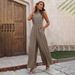 Women's clothing elastic waist high collar halter neck sleeveless floral wide-leg casual pants jumpsuit_mkmklike.com