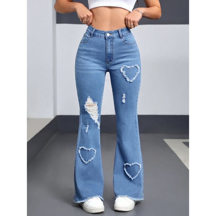 Women's Heart-Shaped Ripped Bell Bottom Jeans - Stretch High Waist Flared Pants With Original Trimming, Light Blue Distressed Denim_mkmklike.com