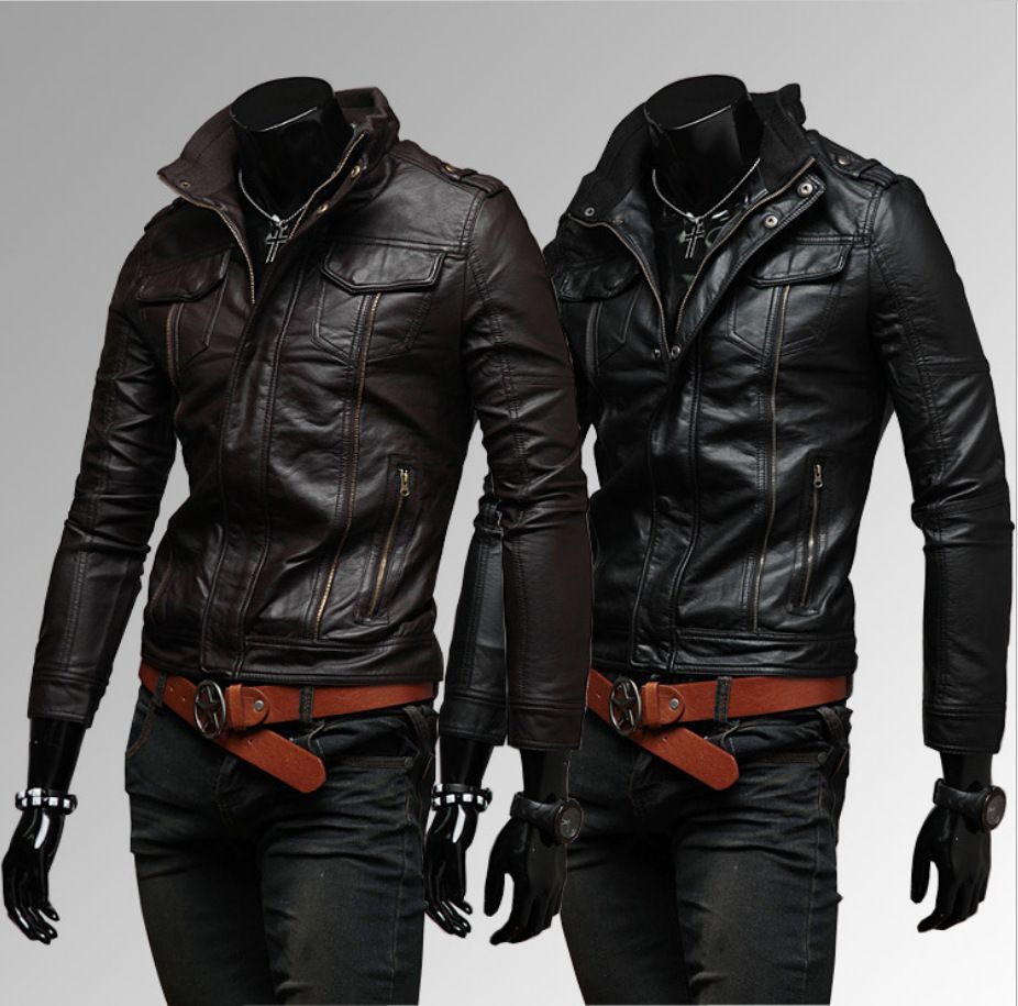 Men's Clothing Autumn and Winter New Pockets Multi zipper Men's Stand Collar Motorcycle Leather Jacket Leather Jacket A153_mkmklike.com
